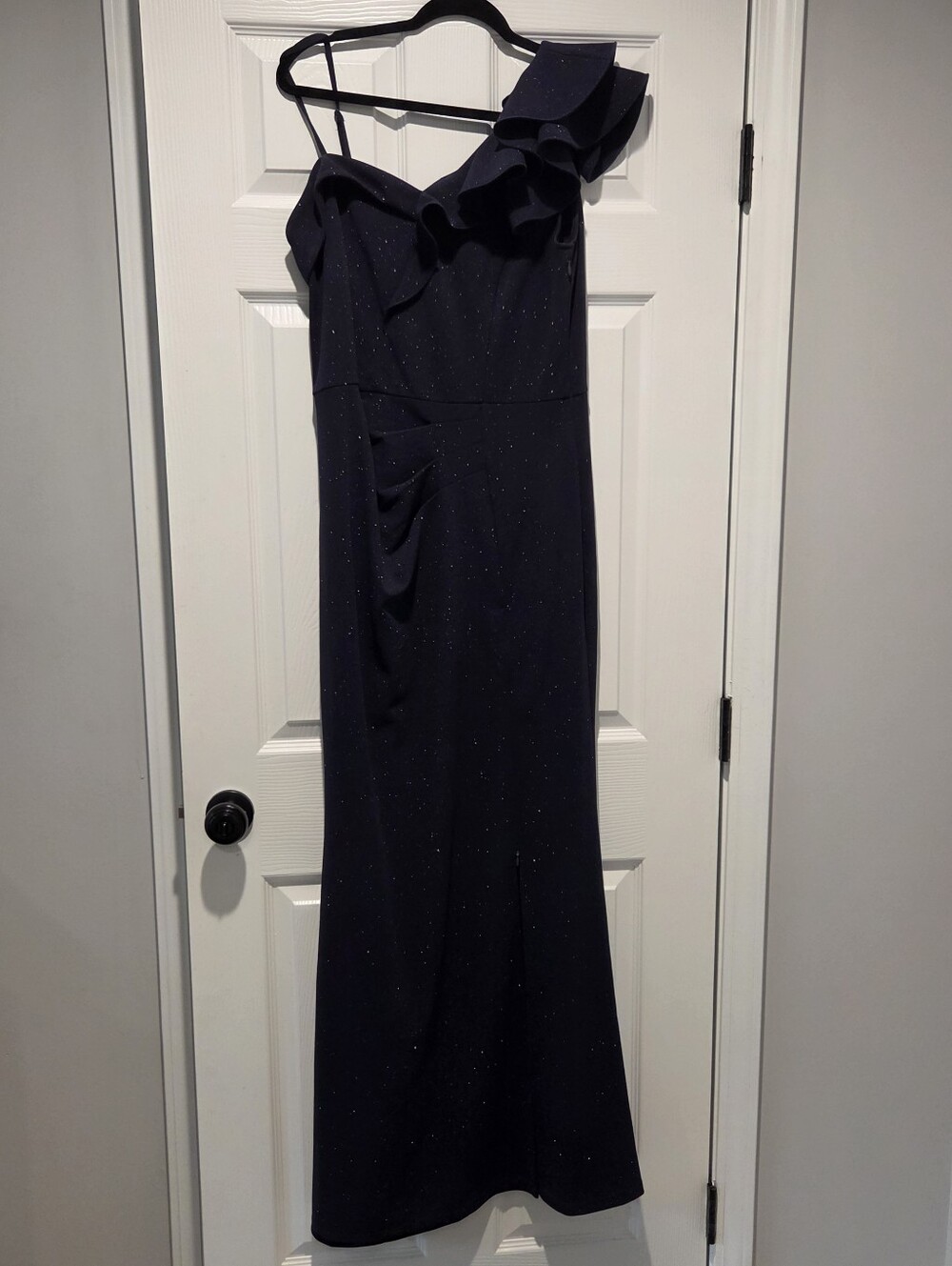 One-Shoulder Navy Sparkle Evening Dress
